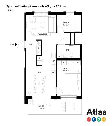 Typplanlösning Hus 2, 3 rum och kök