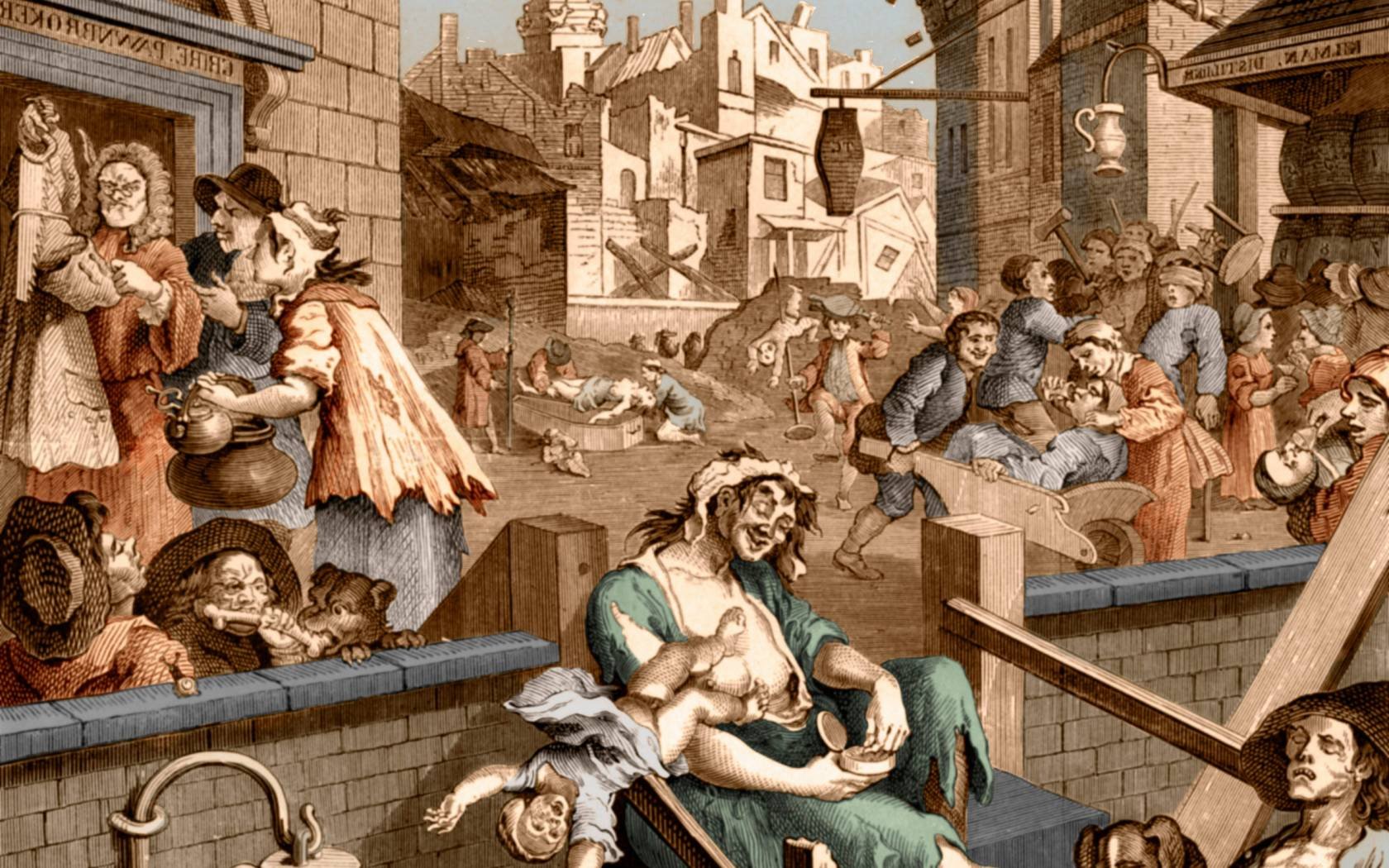 Gin Lane - caricature by William Hogarth, circa 1750.