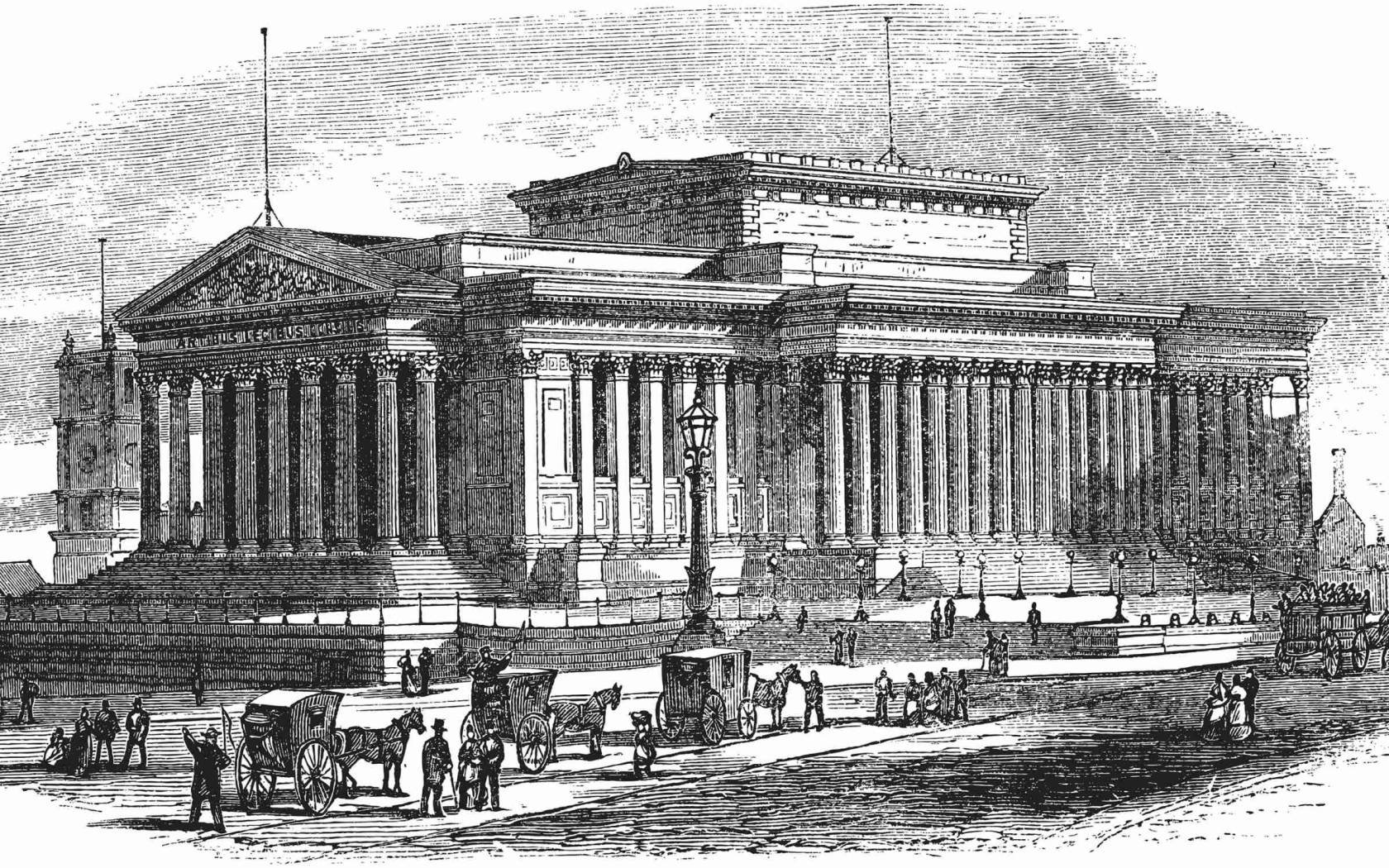 A print of the neoclassical St George's Hall, Liverpoo