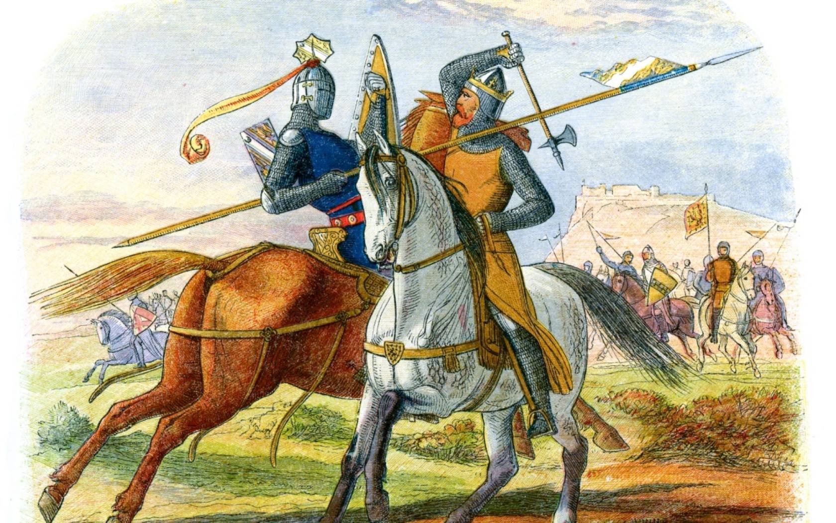 A colour lithograph from 1864 showing Robert the Bruce killing Sir Henry de Bohun at the Battle of Bannockburn, 1314.