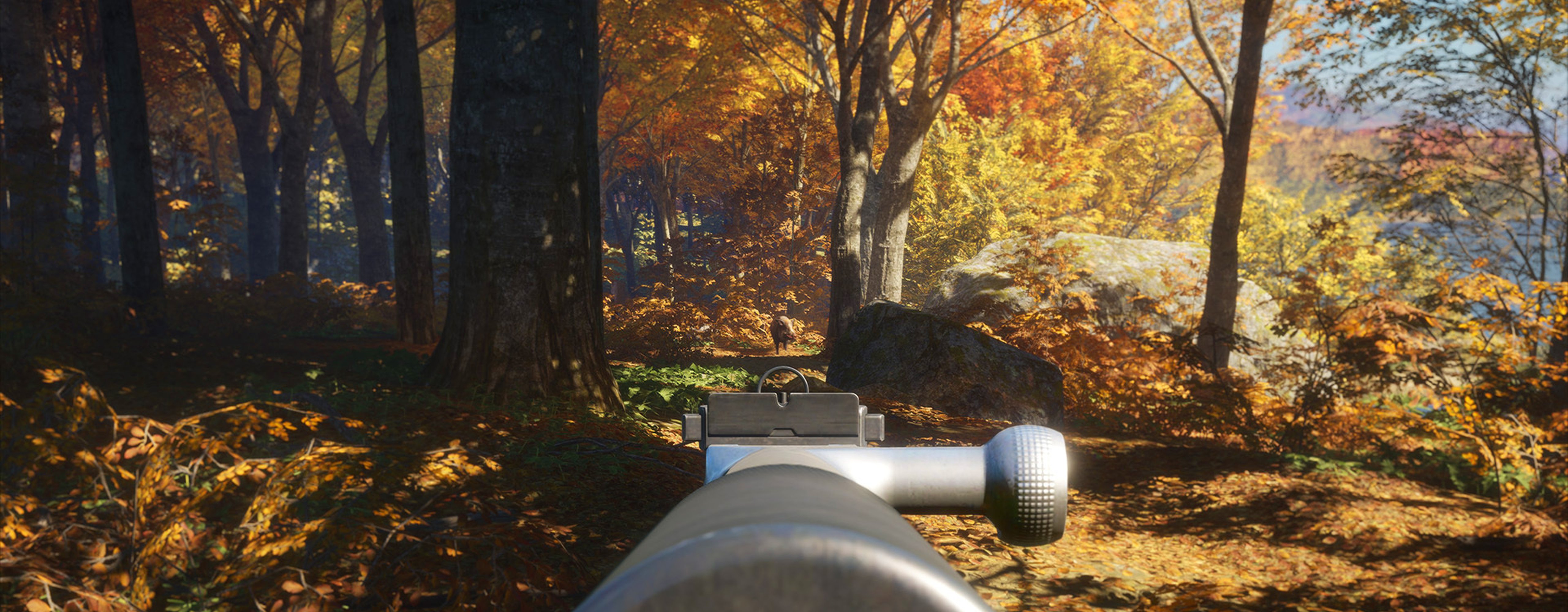 A hunter aiming down the sights of the Quist Reaper semi-automatic rifle, one of three new weapons in the Rapid Hunt Rifle Pack