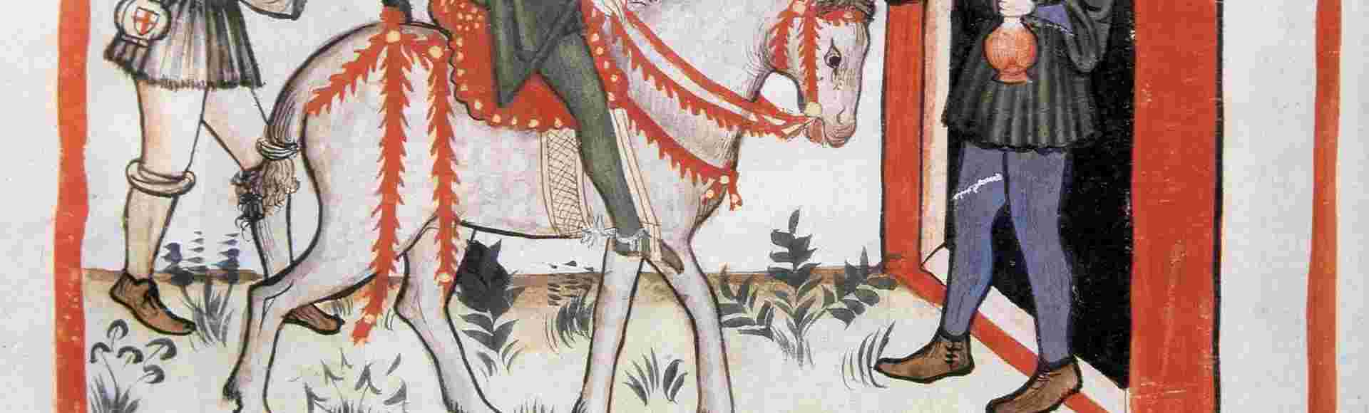 A servant offering wine to his master in the 14th-century).