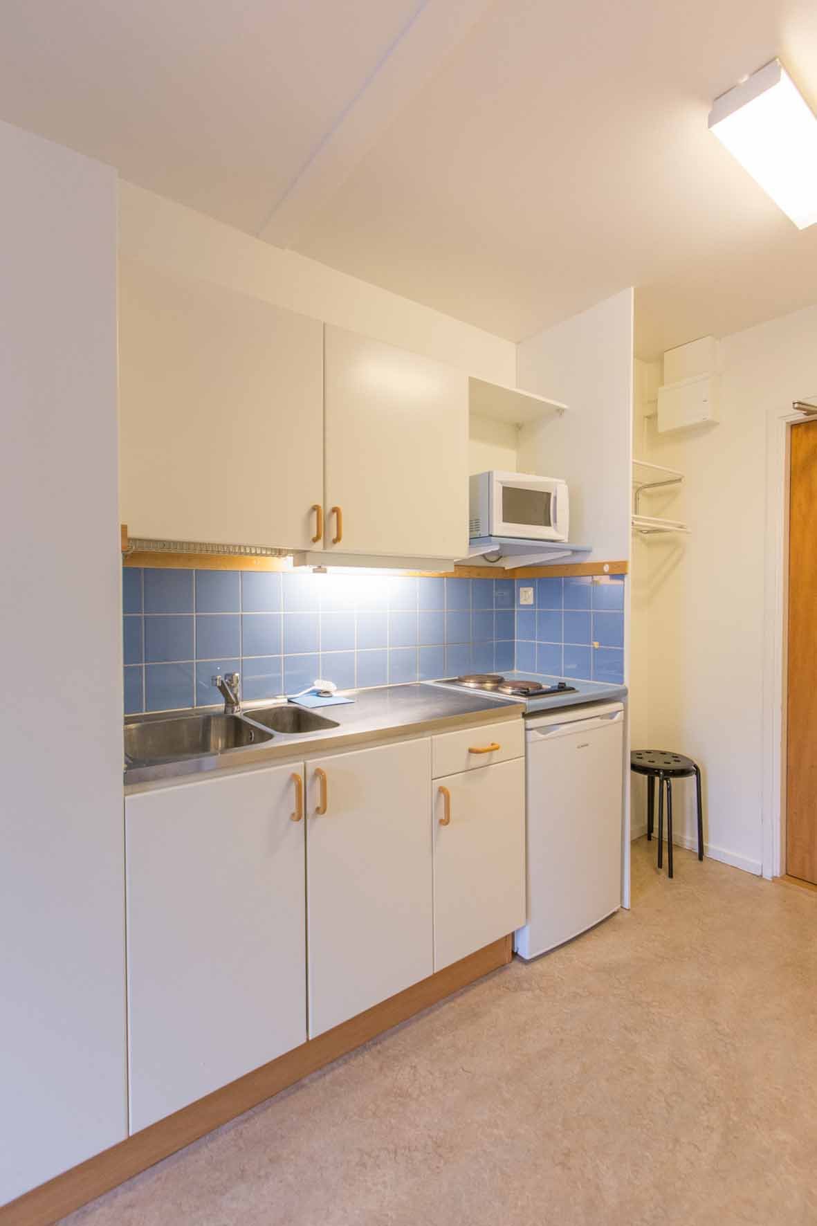 Kitchenette with cupboards, sink, stove top, refrigerator and microwave.