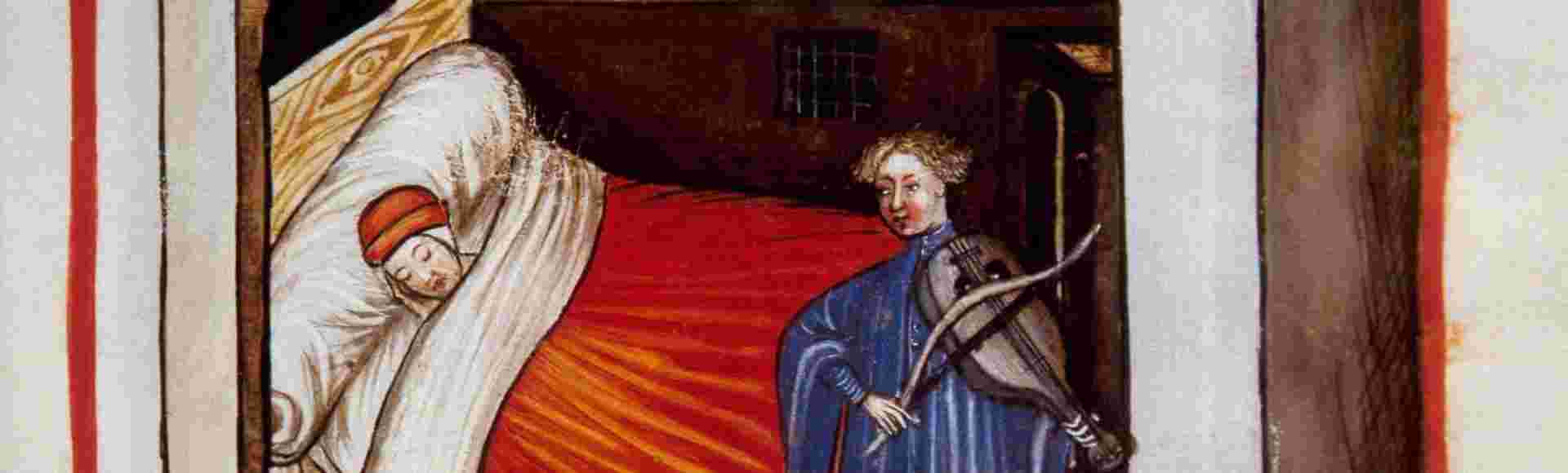 Sleep, 14th century. From Tacuinum Sanitatis Folio 100r, a medieval handbook on health.