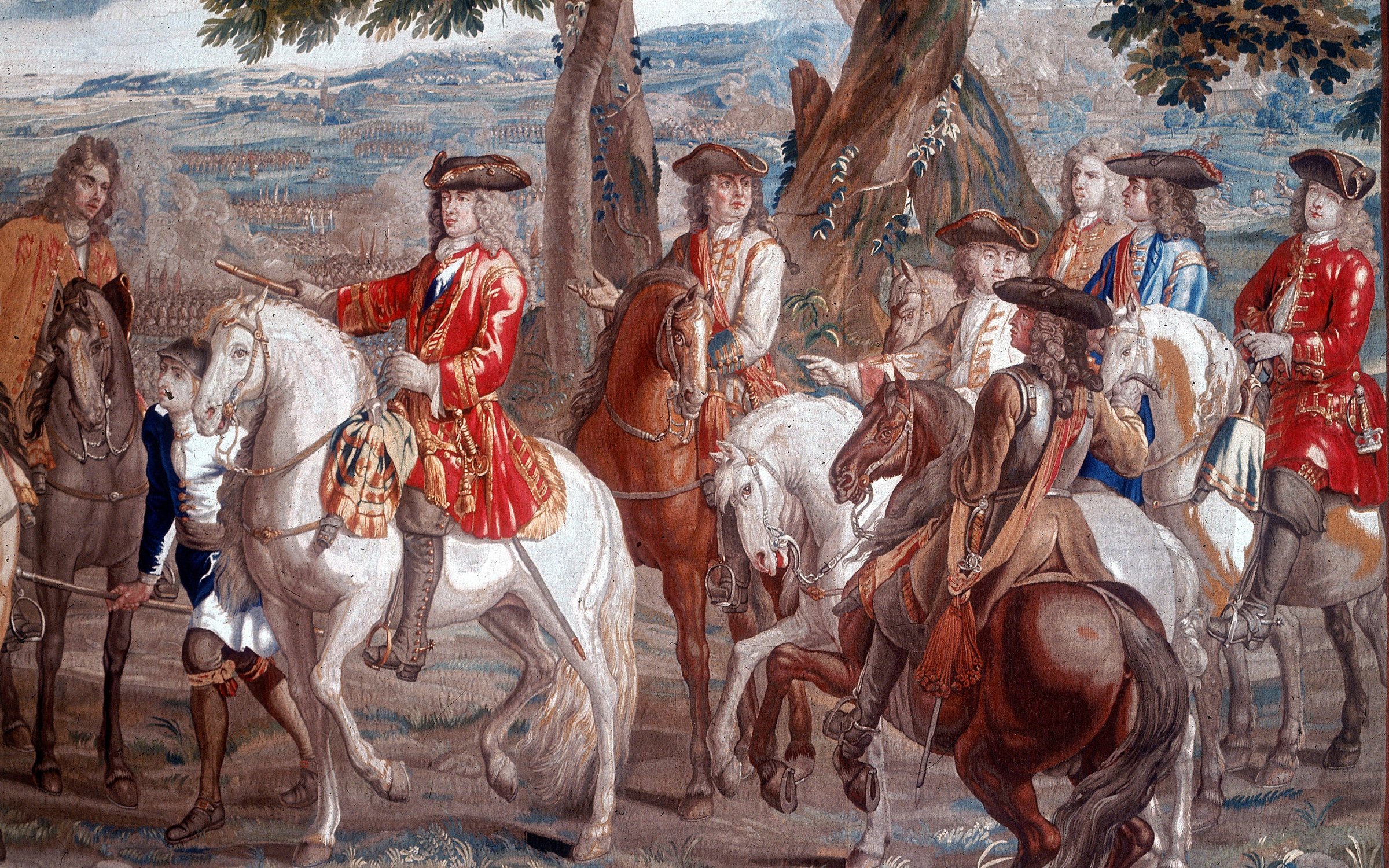 Detail from a tapestry showing John Churchill, Duke of Marlborough, at the Battle of Blenheim (1704).