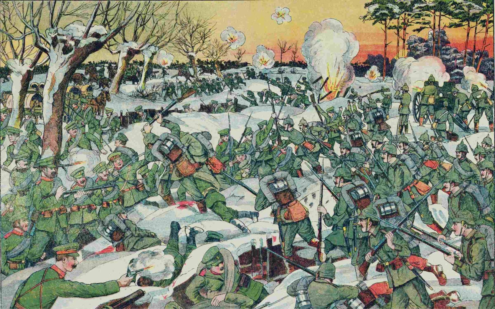 German propaganda lithograph showing the nine-day winter battle on the Masurian Lakes from 8 to 16 February 1915.