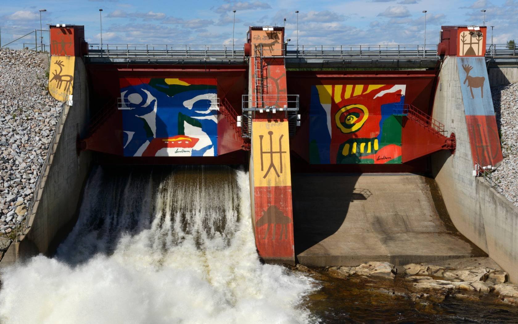 Colourful paintings on dam, Stora Sjofallet hydro electric power station, Lapland, Norrbotten, Sweden, June 2013.