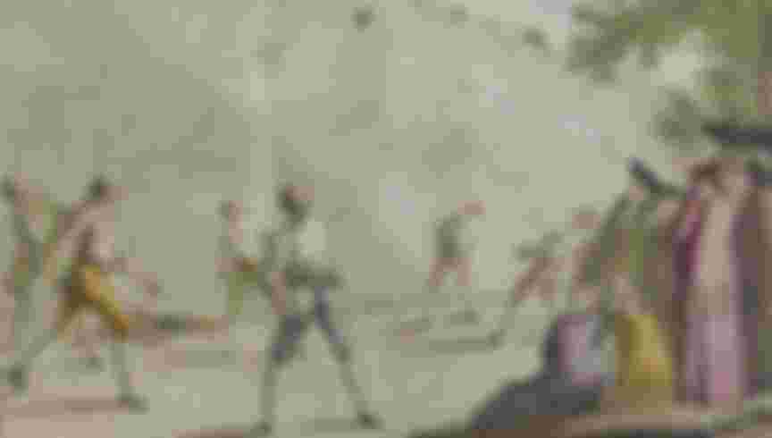 An eighteenth century etching of a group of young men enjoying a game of Pallone col Bracciale.