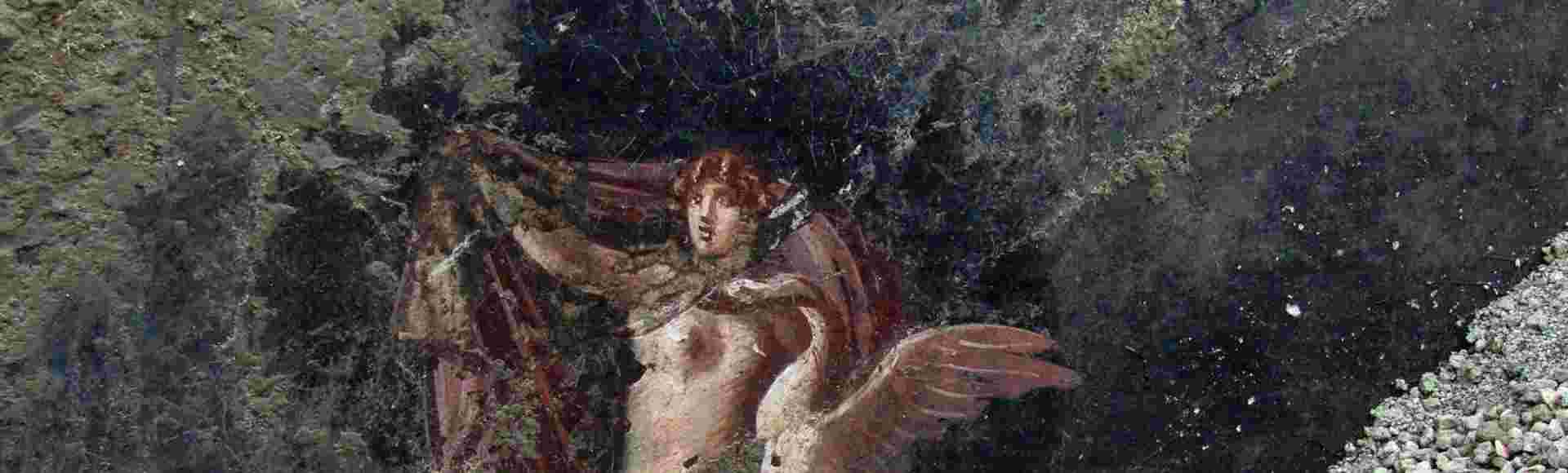 Fresco representing Jupiter's lover Leda and the swan on a wall of a spectacular banqueting room with elegant black walls, recently brought to light during the excavations currently underway at Pompeii.