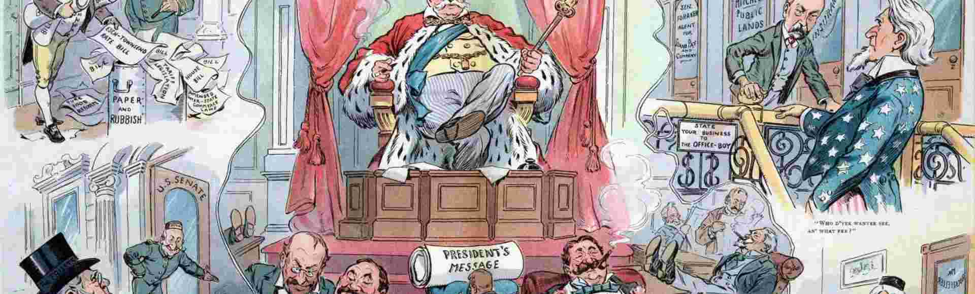 Puck cartoon from 1905 depicts Nelson Aldrich as king of the US Senate with a diminutive Theodore Roosevelt kneeling before him.
