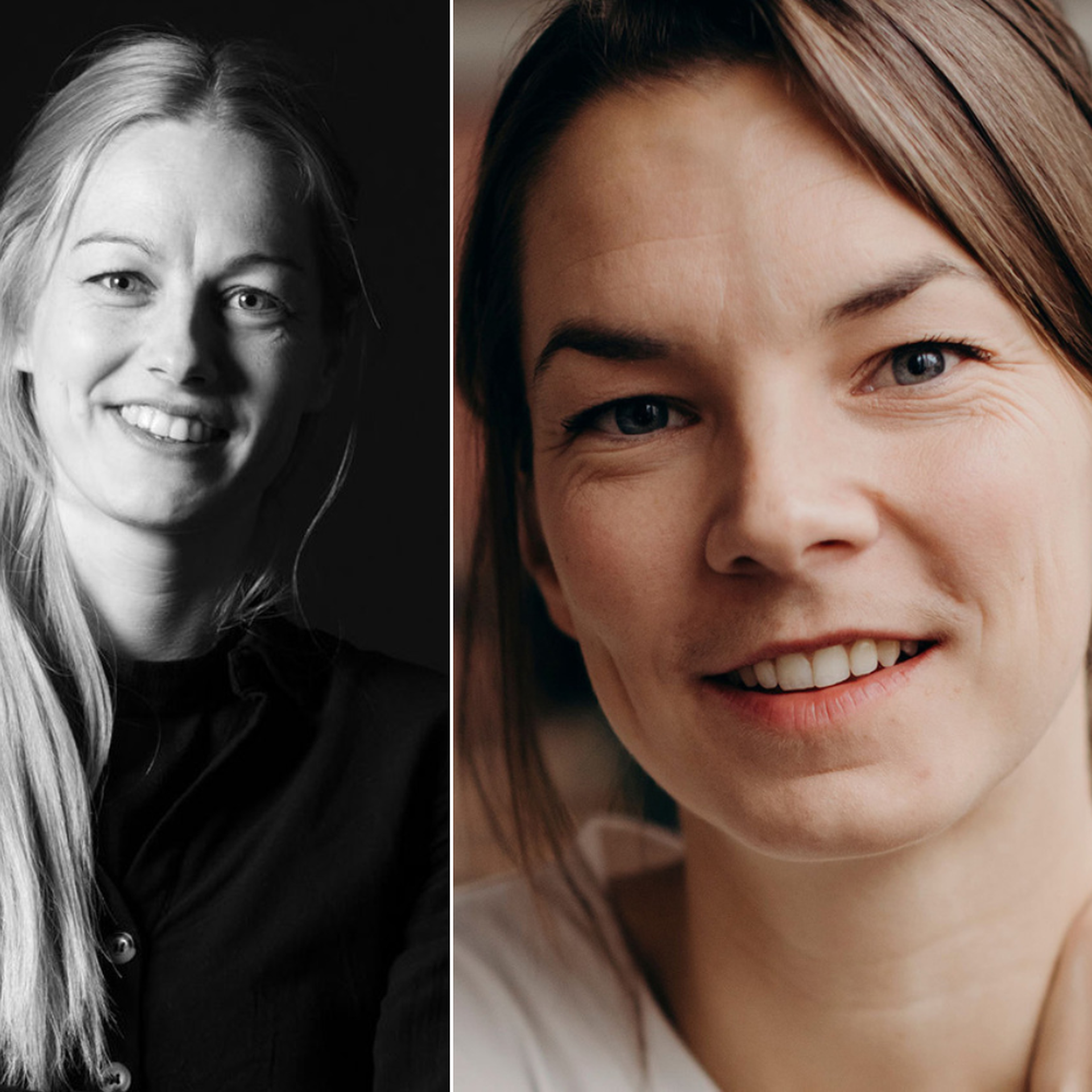 Två porträttbilder sida vid sida av två leende danskonstnärer. Till vänster ett svartvitt porträtt mot mörk bakgrund och till höger en närbild i färg med varm, suddig bakgrund.