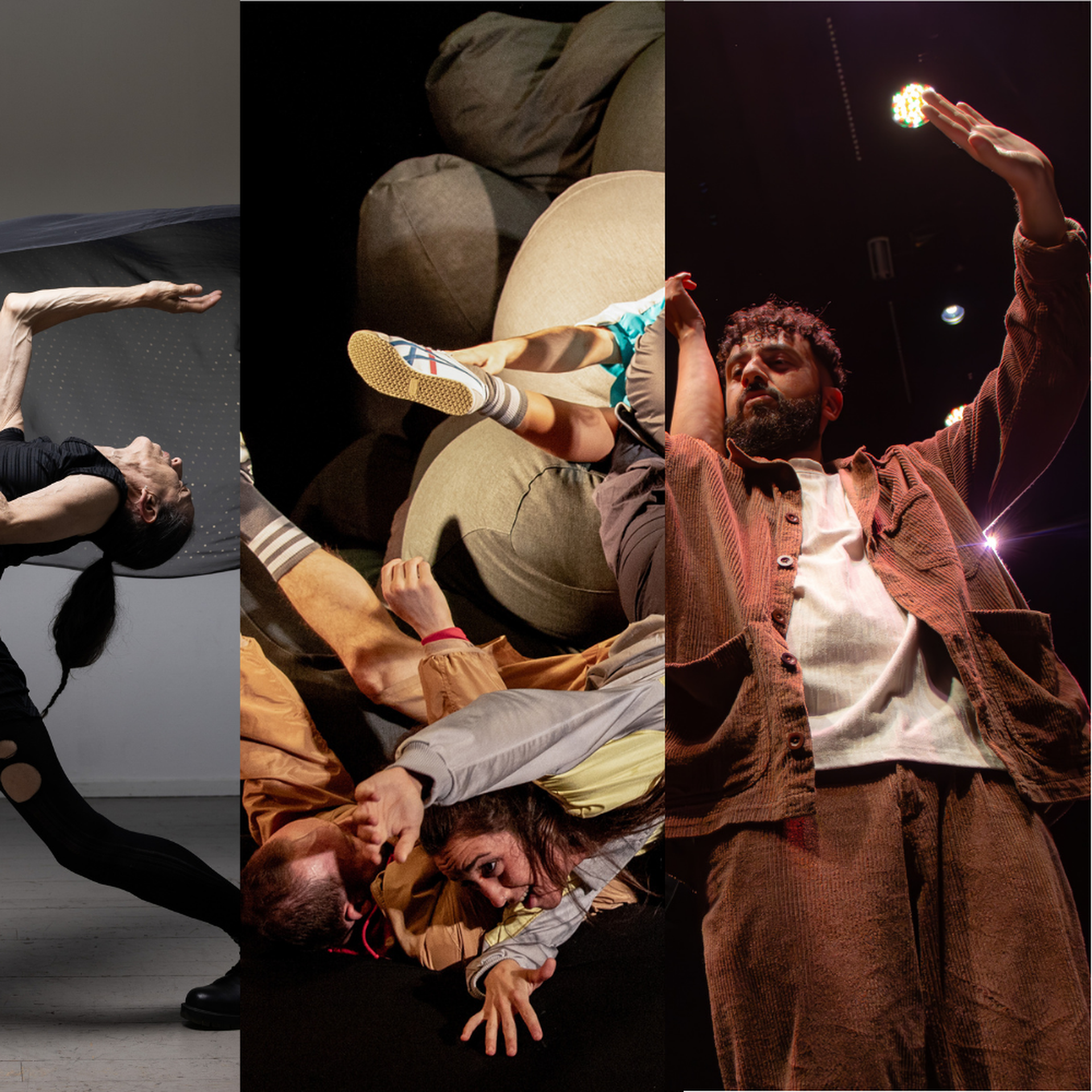 Trebildskomposition med samtida dans. Till vänster en dansare i svart som rör sig kraftfullt i ett böjt, expressivt kroppsläge. I mitten flera dansare sammanflätade i en fysisk, lekfull formation på golvet. Till höger en dansare på scen med armarna lyfta i ett intensivt och närvarande uttryck, belyst av scenljus.