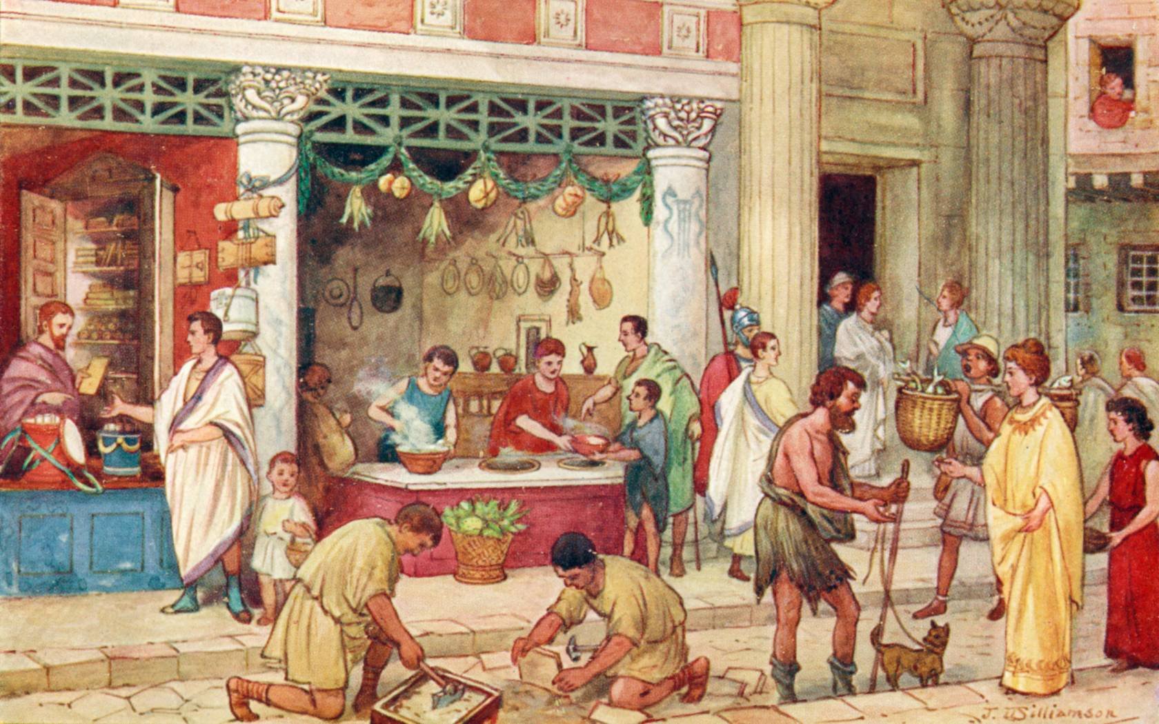 A print illustrating a street scene somewhere in the Roman Empire.