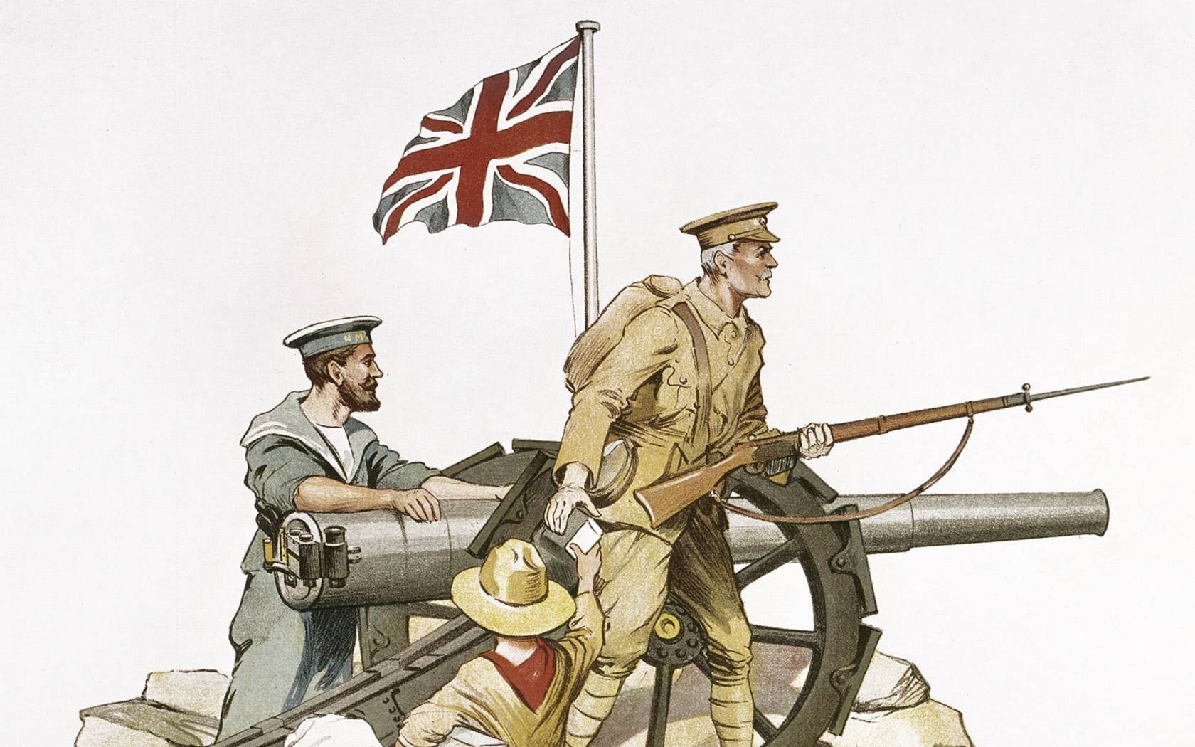 British poster depicting soldiers and civilians helping the war effort during the First World War