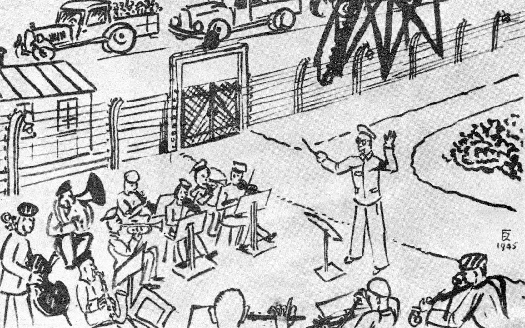 A drawing made by an inmate of Auschwitz in 1945 featuring an orchestra.