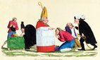 Hand-coloured 18th-century etching of a French peasant being blessed by a bishop, pushed down by a nobleman and paying tax to a clerk.