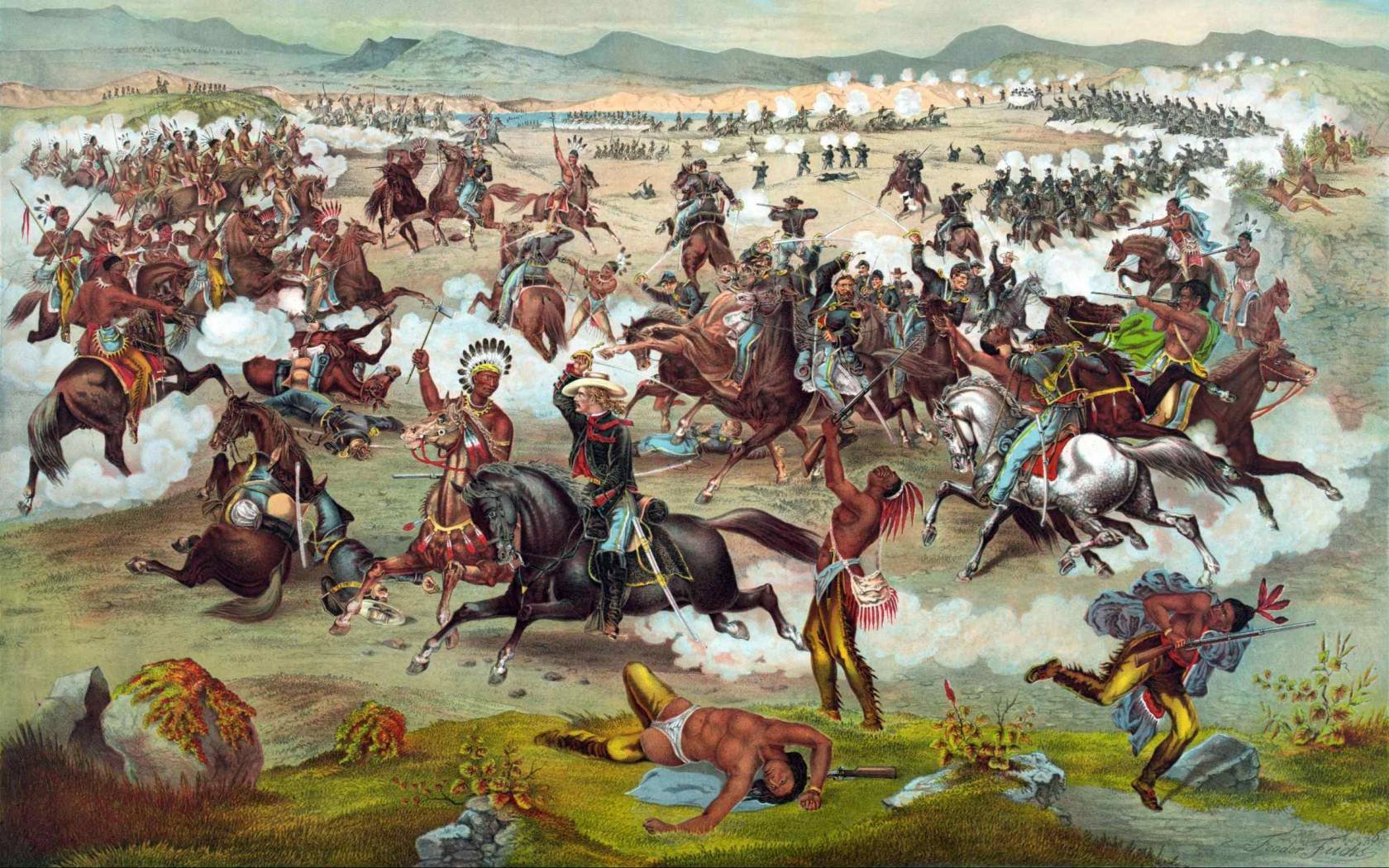 Print depicting Custer's Last Stand with the US 7th Cavalry at the Battle of the Little Bighorn in 1876