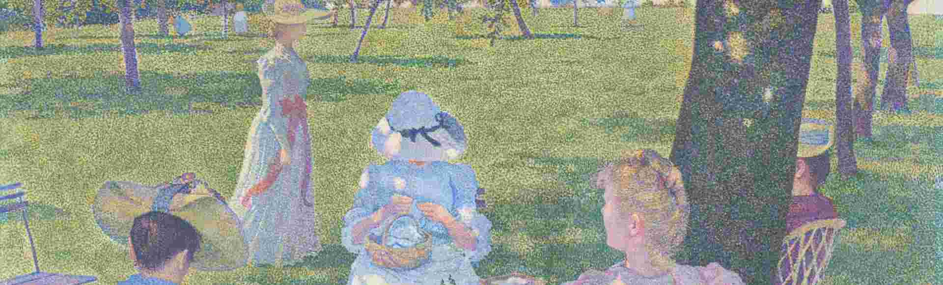 Neo-impressionist painting of women sat at a table in july