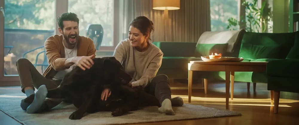 Ett par sitter på golvet i sitt hus och leker med sin hund.