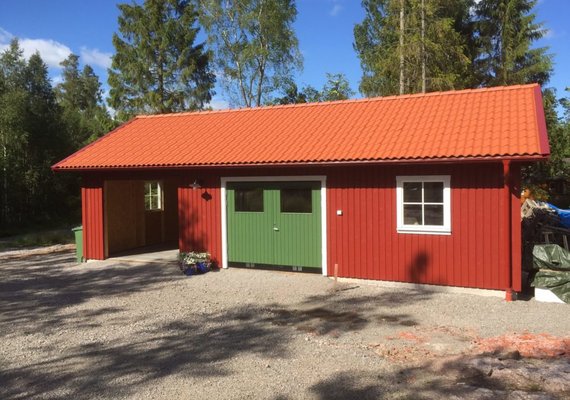 Simple green door red structure double door garage
