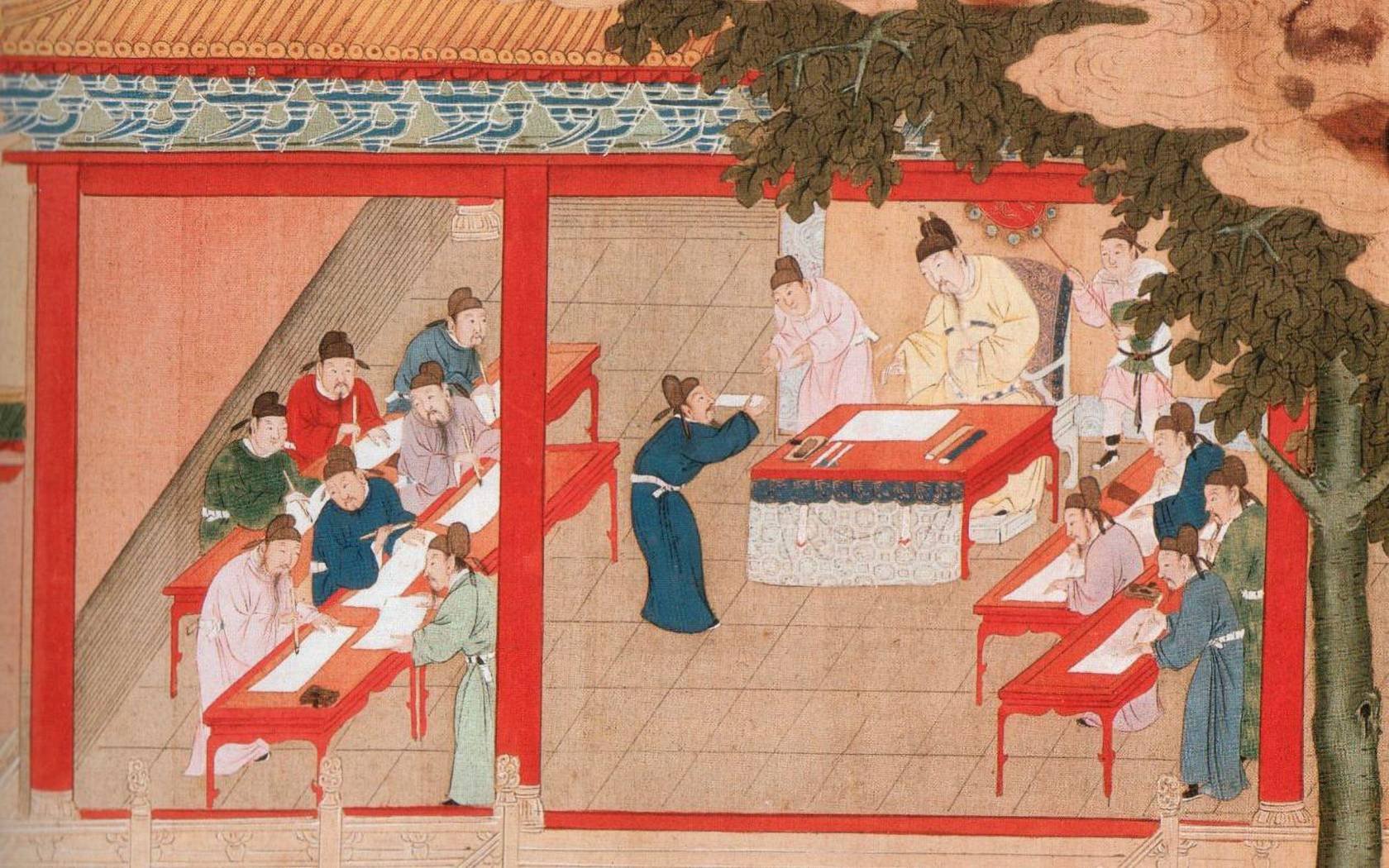 A message is received at the palace, a print painted in Ming dynasty China. Credit: Chronicle of World History / Alamy Stock Photo.