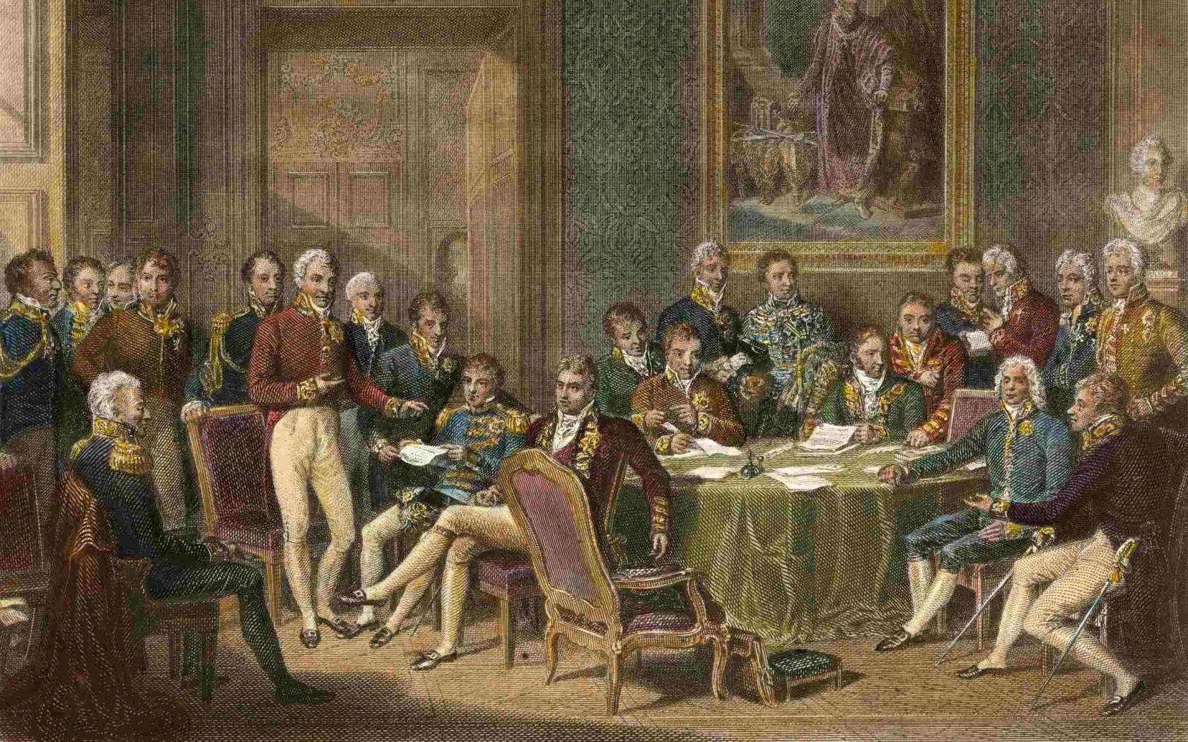 An engraving showing European statesmen assembled at the 1815 Congress of Vienna, based on a painting by Jean-Baptiste Isabey.