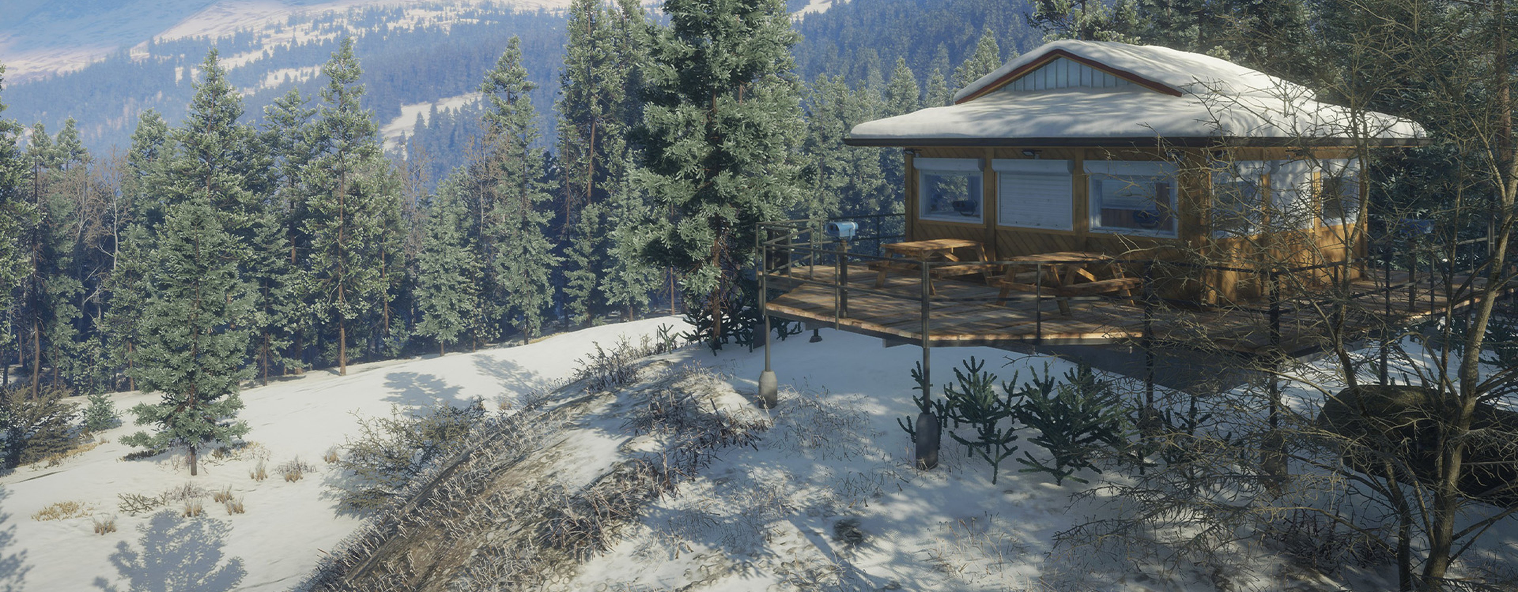 a snowy cabin nestled amongst the evergreens on the side of a mountain in Askiy Ridge, the newly announced Alberta Hunting Preserve for The Hunter Call of the Wild