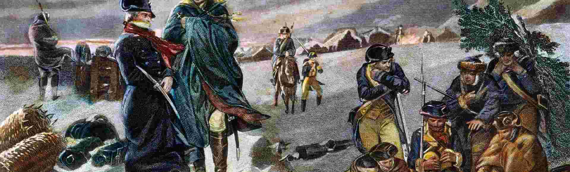 An engraving of George Washington with Lafayette at Valley Forge.