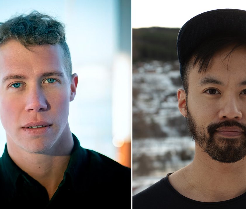 Två porträtt bredvid varandra av två personer utomhus, båda tittar rakt in i kameran med neutrala ansiktsuttryck och suddig bakgrund.