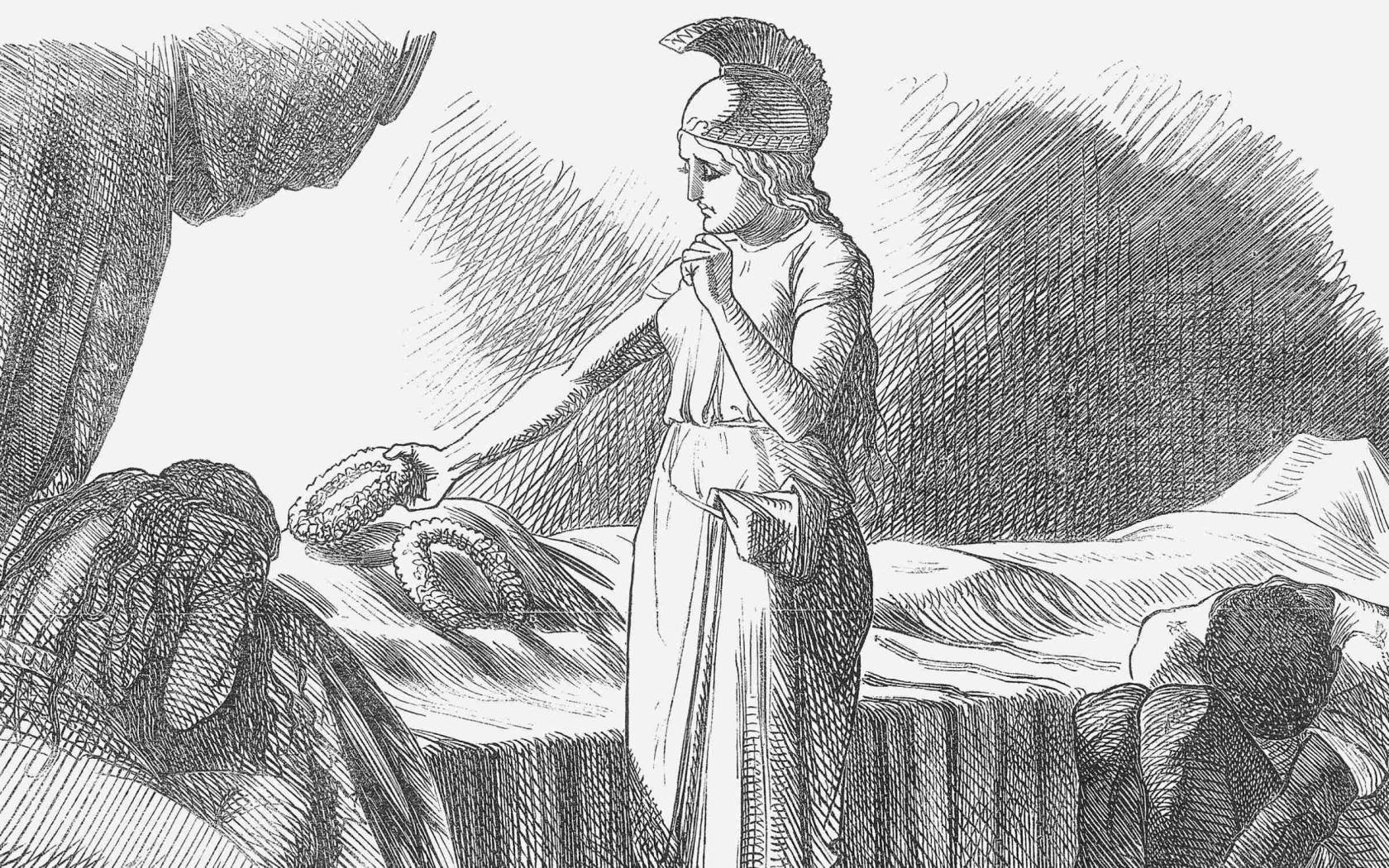 This cartoon depicts a sorrowful Britannia laying a wreath on Abraham Lincoln's shrouded body. From Punch May 6, 1865