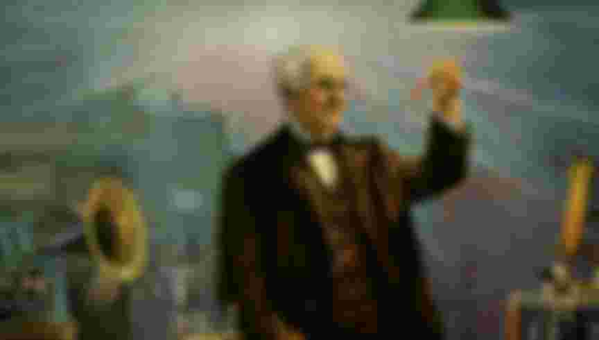 The great American inventor Thomas Edison is surrounded by his creations