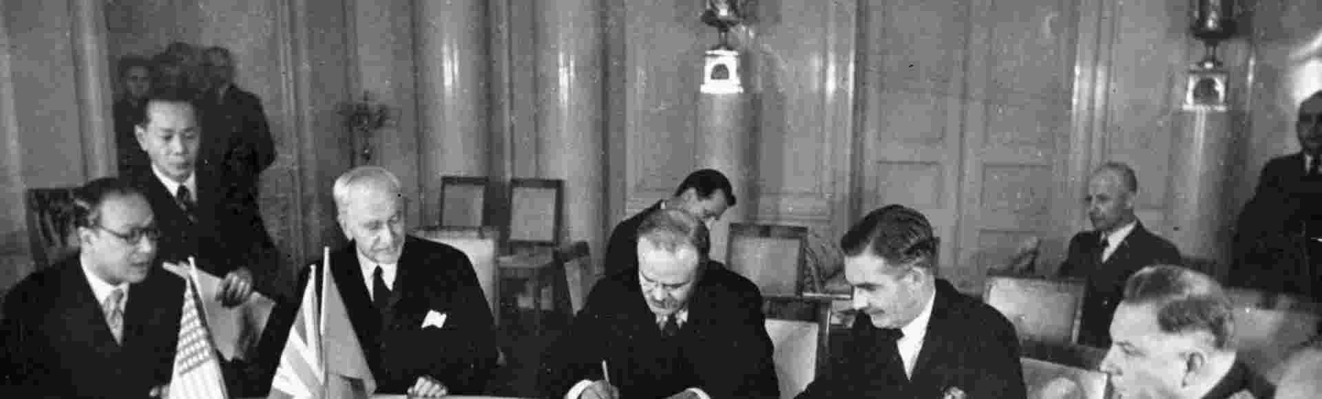 A photograph of Cordell Hull, US Secretary of State, Vyacheslav Molotov, Soviet Foreign Commissar, and Anthony Eden, British Foreign Secretary, at the Third Moscow Conference in 1943.