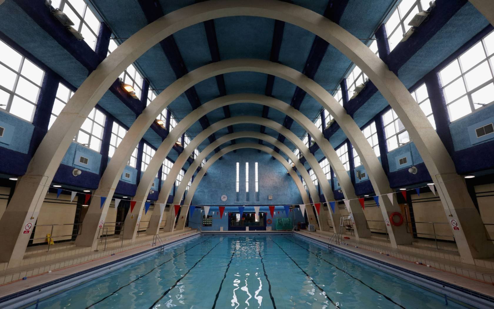 The main pool in the Art-Deco style Mounts Baths in Northampton, England. Mount Baths opened in 1936 and is believed to be the only Art Deco swimming pool in the UK.