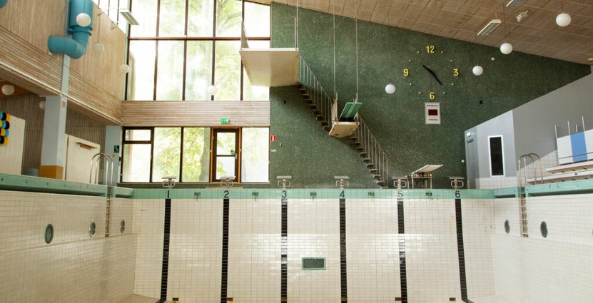 Det gamla badhuset förvandlas till Fritiden Hotell & Kongress, med originaldetaljer som hopptorn bevarade i restaurangdelen. Foto: Fritiden Hotell & Kongress