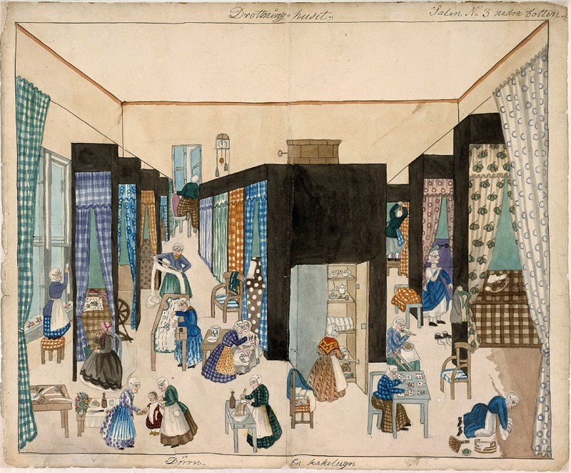 Drottninghuset, fast långt senare. Akvarell på papper. Konstnär: Josabeth Sjöberg. Finns på Stockholms Stadsmuseum, 