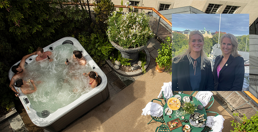 Linn Vislie, hotel manager på Berns Hotels och Desiré Kjellberg, vd på Stureplansgruppen Hotels & Resorts berättar om nysatsningen Rooftop Terrace 608.  Foto: Privat