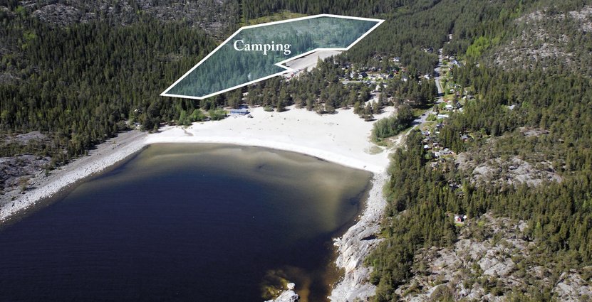 Flygfoto över Smitingen med tänkbart campingområde markerat. Foto: Pressbild