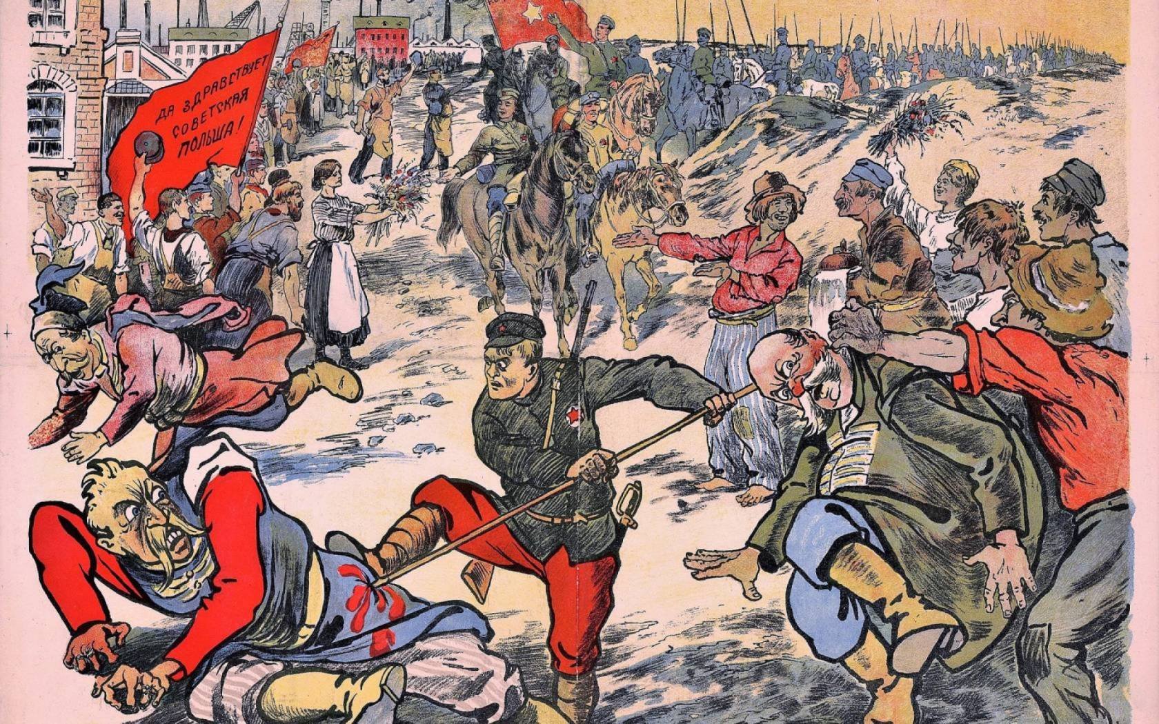 Bolshevik propaganda poster of Polish-Soviet war, 1920. Text reads: 'This is how the Polish lords' plan finishes. Long live Soviet Poland'.