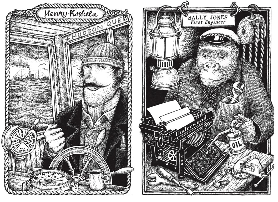 Henry Koskela och Sally Jones. Illustrationer av Jakob Wegelius från boken Den falska rosen. 