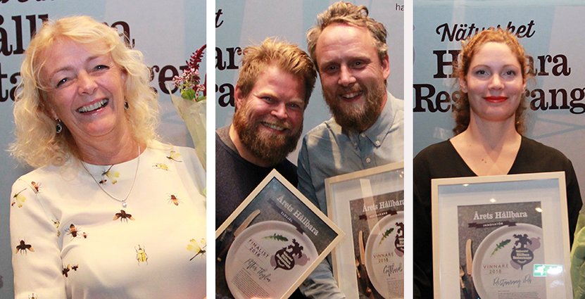 Från vänster, Maria Stridh, MässrestaurangerSofia B Olsson,  Vrå, Petter Thyling, Tapas Bar Deli och Anders Samuelsson, Gotthards Krog. Foto: Hållbara Restauranger