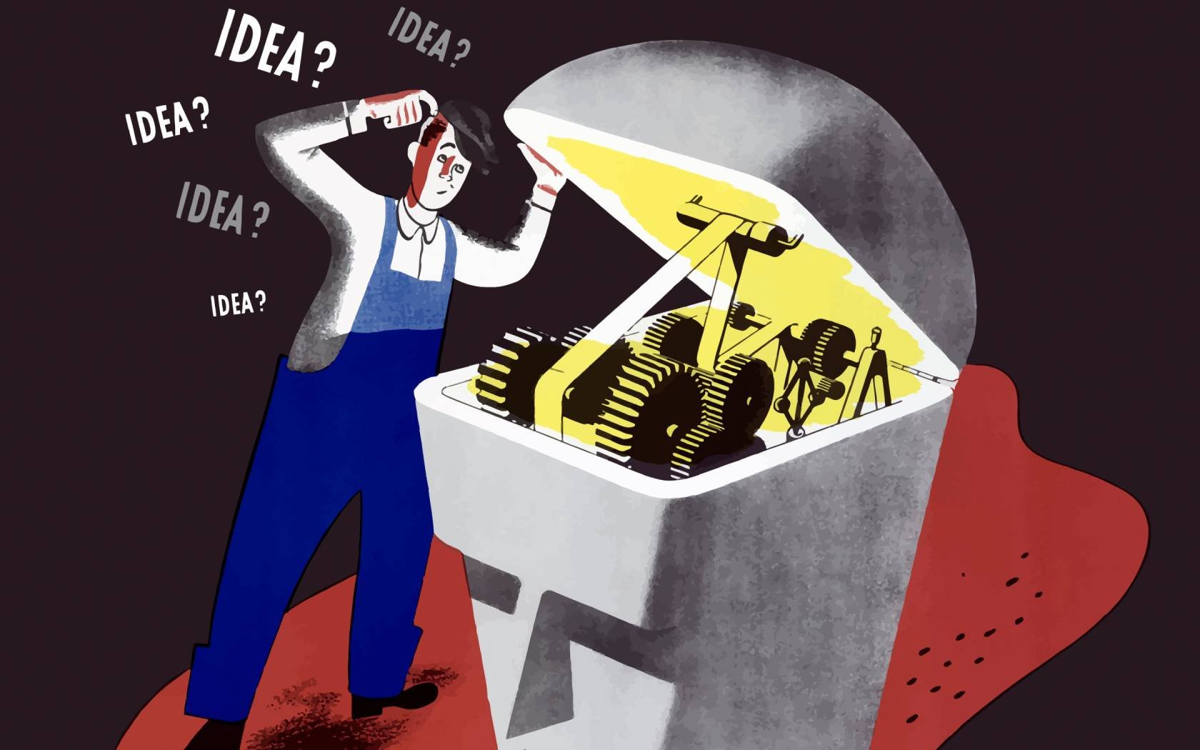 Vintage poster of a man inspecting the inner workings of a statue's brain.