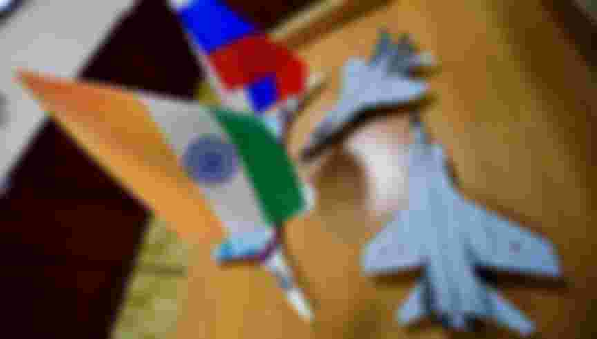 Russian and Indian national flags and scale model aircraft seen during Indra 2017, a joint Russian-Indian military exercise, at the Tsentralnaya Uglovaya airfield. Credit: Yuri Smityuk/TASS/Alamy Live News