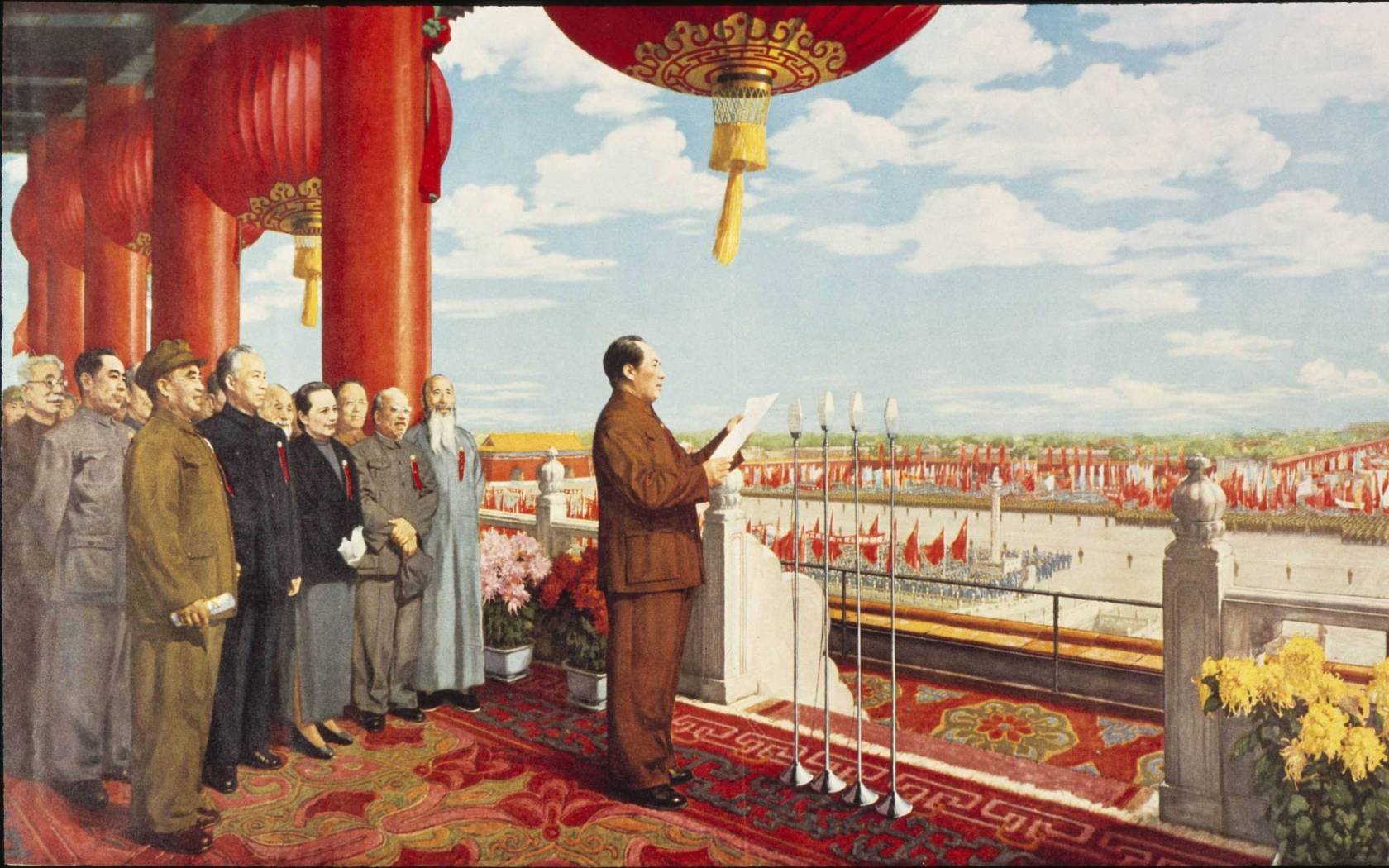A copy of 'The Founding Ceremony of the Nation', a 1953 oil painting by Chinese artist Dong Xiwen, depicting Mao Zedong and other Chinese Communist Party officials proclaiming the People's Republic of China at Tiananmen Square on October 1, 1949.