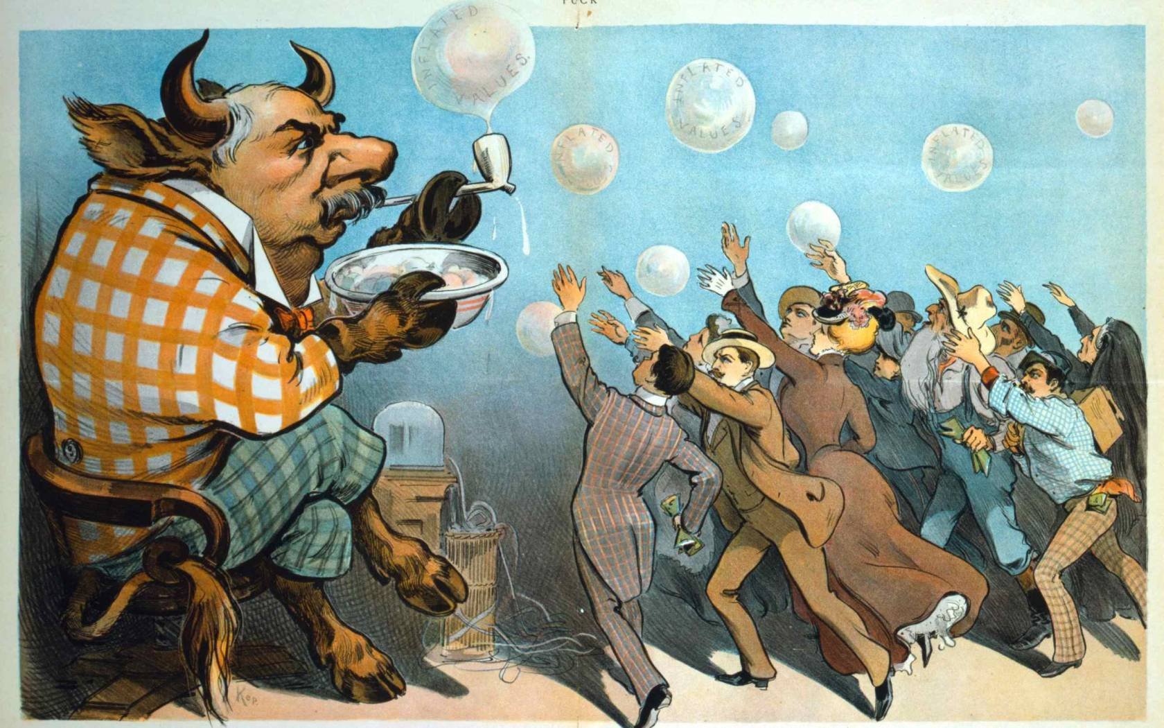 Wall Street bubbles; - Always the same. A Puck magazine caricature from 1901 shows John Pierpont Morgan as a bull blowing bubbles labelled 'Inflated Values'.