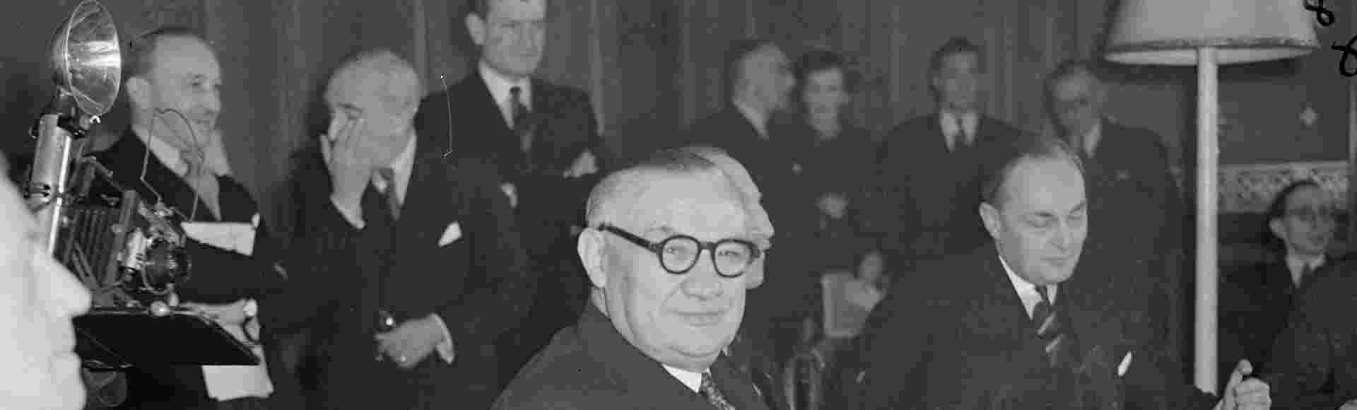 Government ministers, including Britain's Ernest Bevin, meet for talks on the Western European defence scheme.