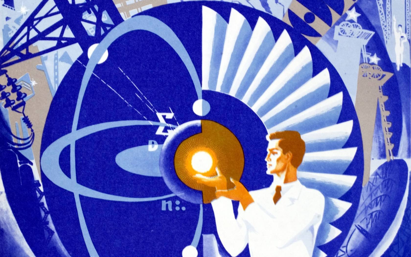 Propaganda poster celebrating the Soviet Union's nuclear technologies.
