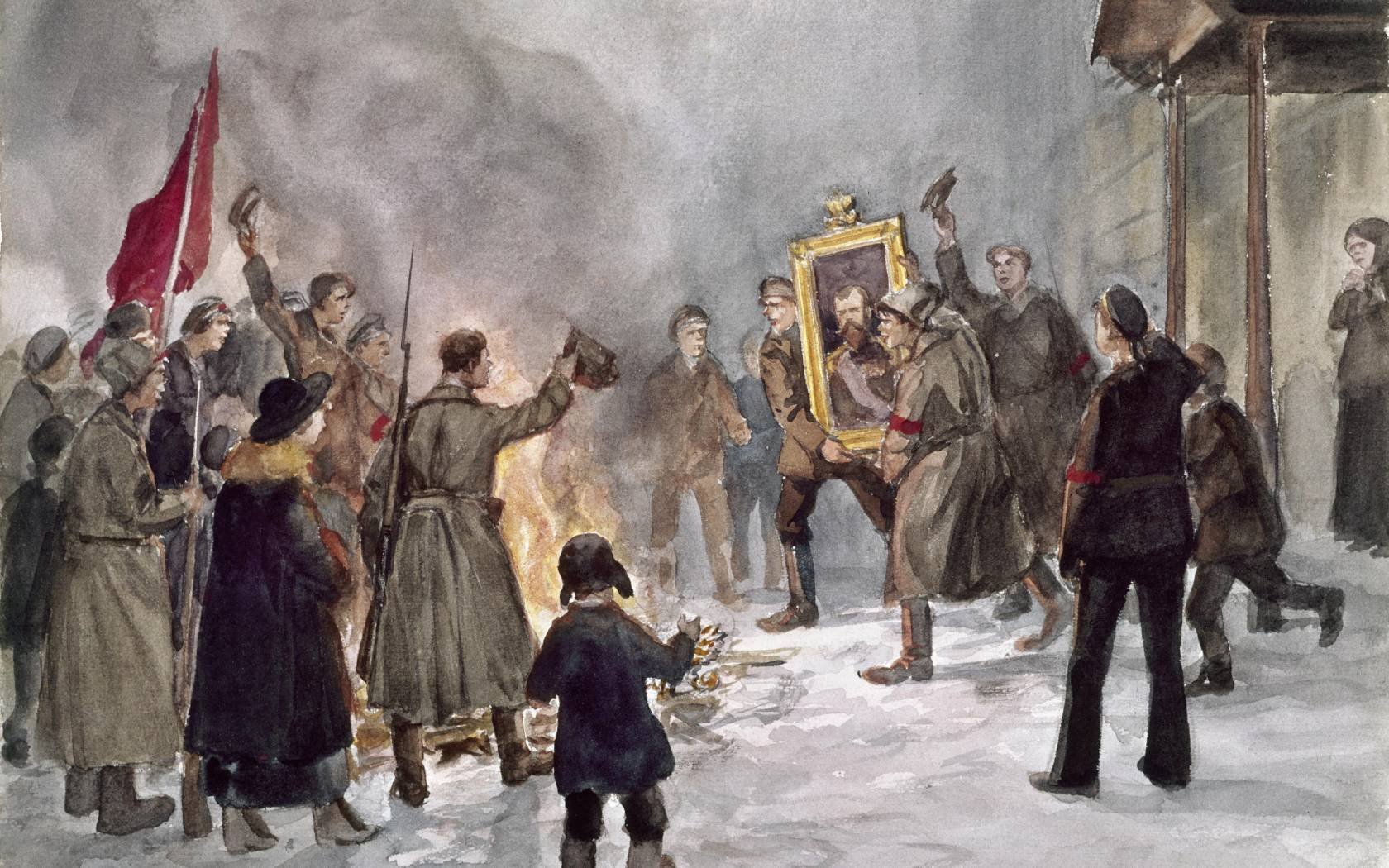 An angry crowd carrying a portrait of Czar Nicholas II to a bonfire in Petrograd following the February Revolution.