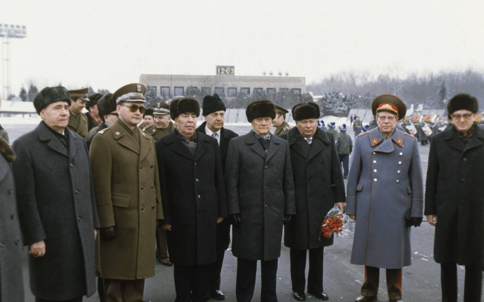 Soviet leader Leonid Brezhnev and members of his Politburo with Polish premier Wojciech Jaruzelski.