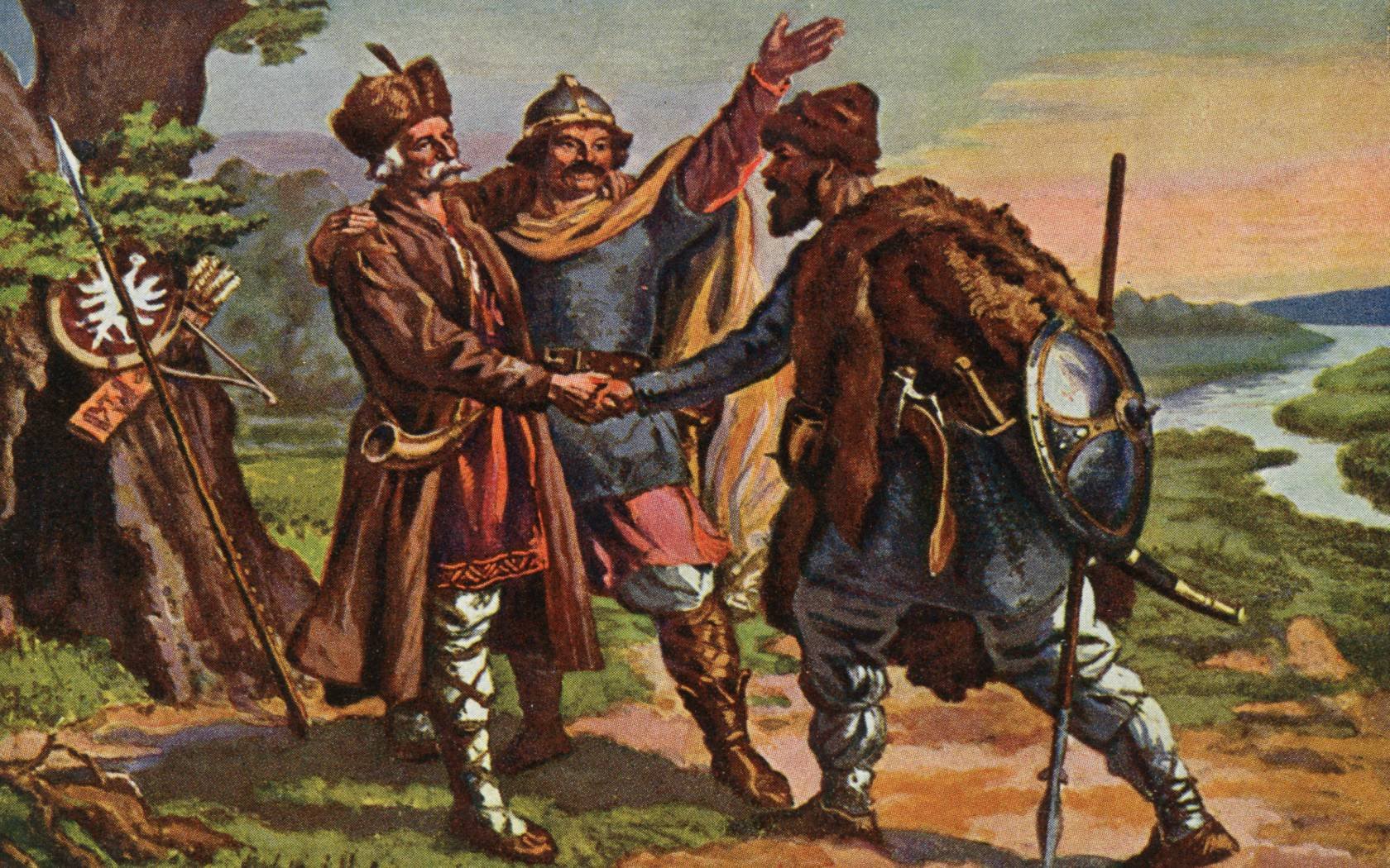 Polish postcard celebrating the founders of three Slavic nations: Lechia (Poland), Czechia (Bohemia; modern Czech Republic), and Ruthenia.