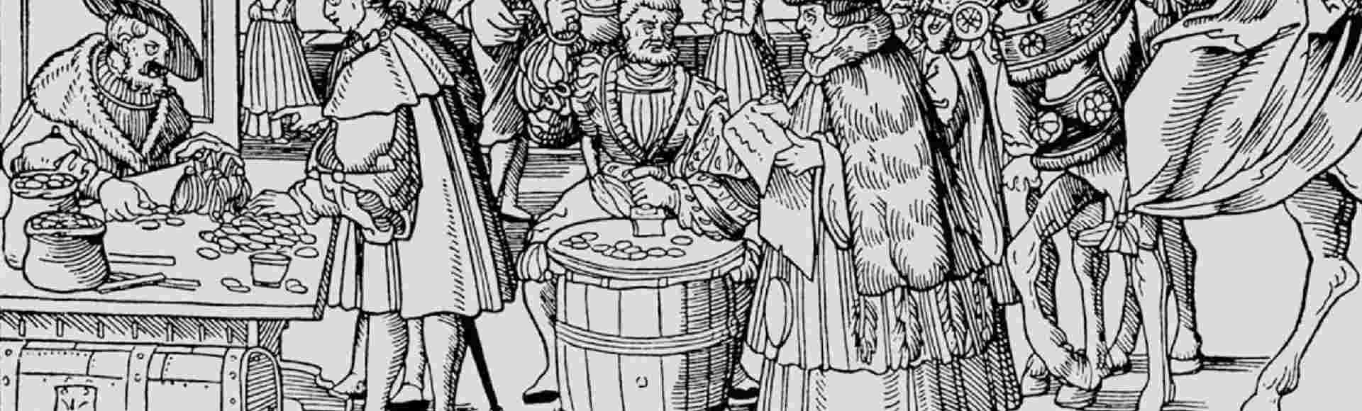 A woodcut from 1510 critiquing the practice of indulgence trading in medieval Europe.